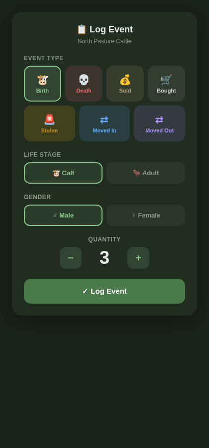 Nuveld event logging form showing event types including birth, death, sold, bought, stolen, custom and move